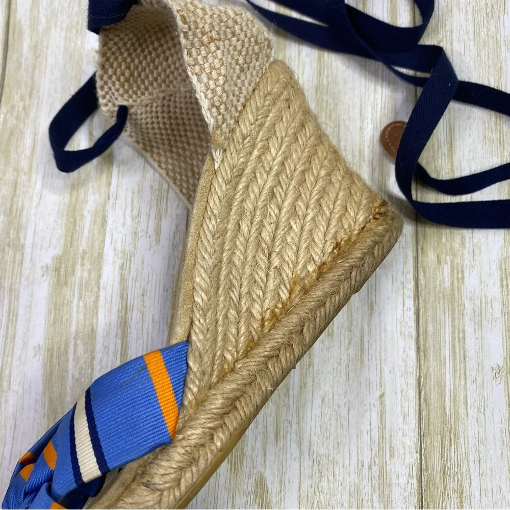 J. Crew Blue Striped Marianne Wrap Ankle Espadrille Wedge Sandals